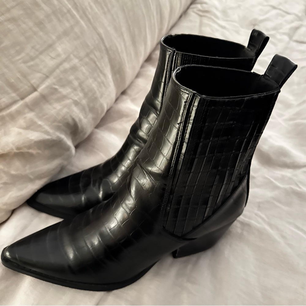 Black Croc-Embossed Ankle Boots